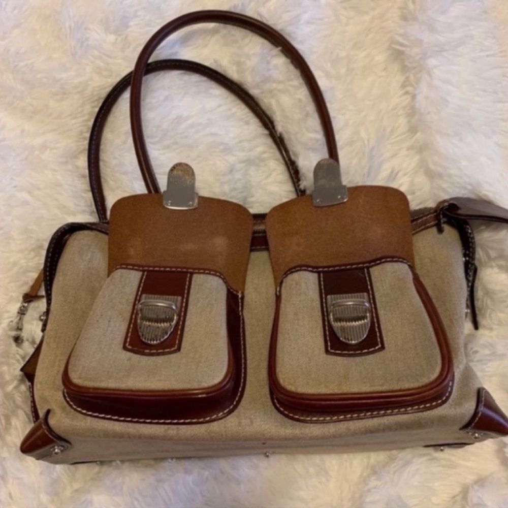 Dooney & Bourke Tan/Brown Leather canvas double pocket satchel